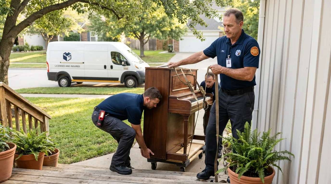 Licensed piano movers securing grand piano in Thomasville, AL