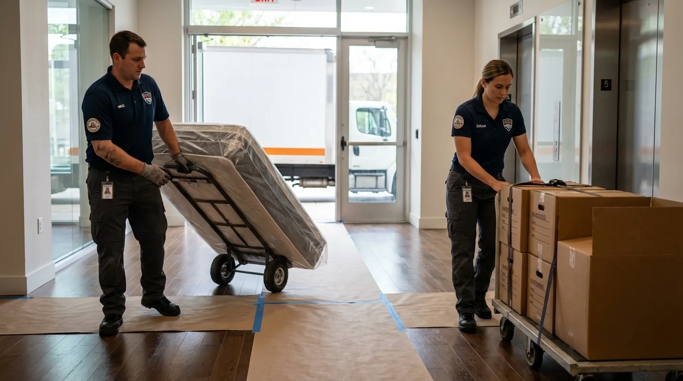 Professional apartment movers loading elevator in Thomasville, AL